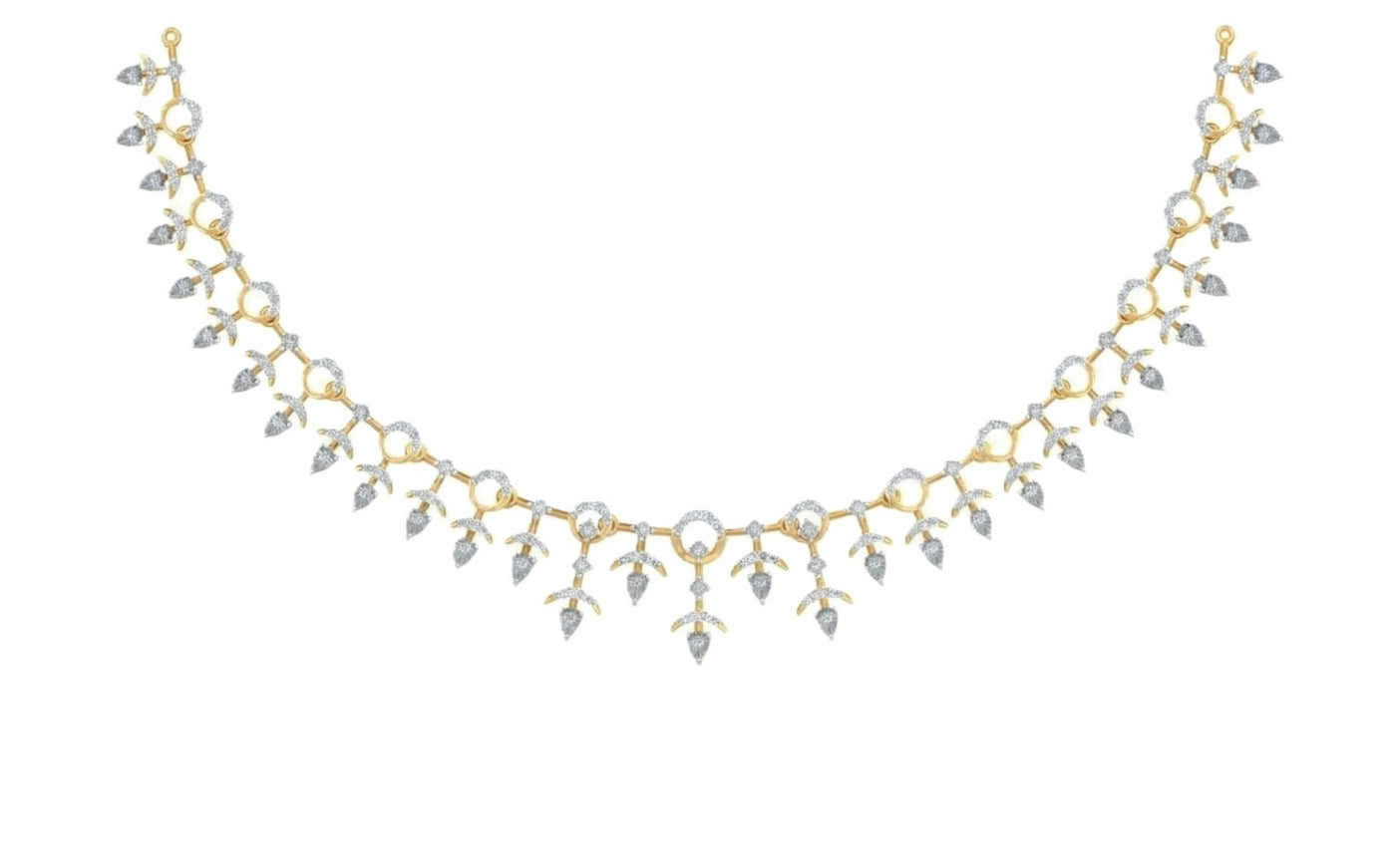 Yellow gold necklace with small stones on a white background
