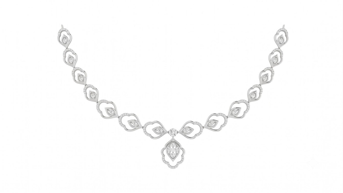 A white gold and diamond necklace featuring a floral design, set against a plain white background.