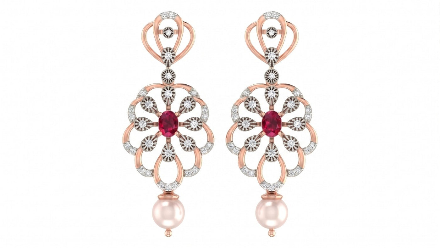 A pair of rose gold dangle earrings featuring a central red gemstone surrounded by diamond