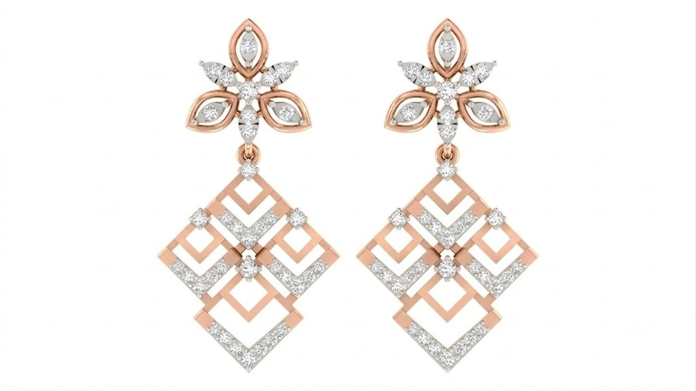 Gold & diamond geometric floral women dangler earrings with openwork diamond design in rose gold