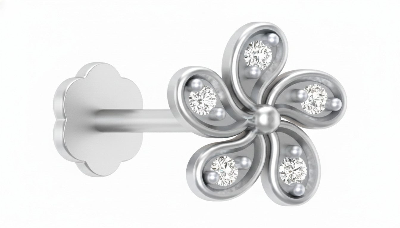 White Rose gold five-petal flower nose pin with sparkling diamond accents on each petal.