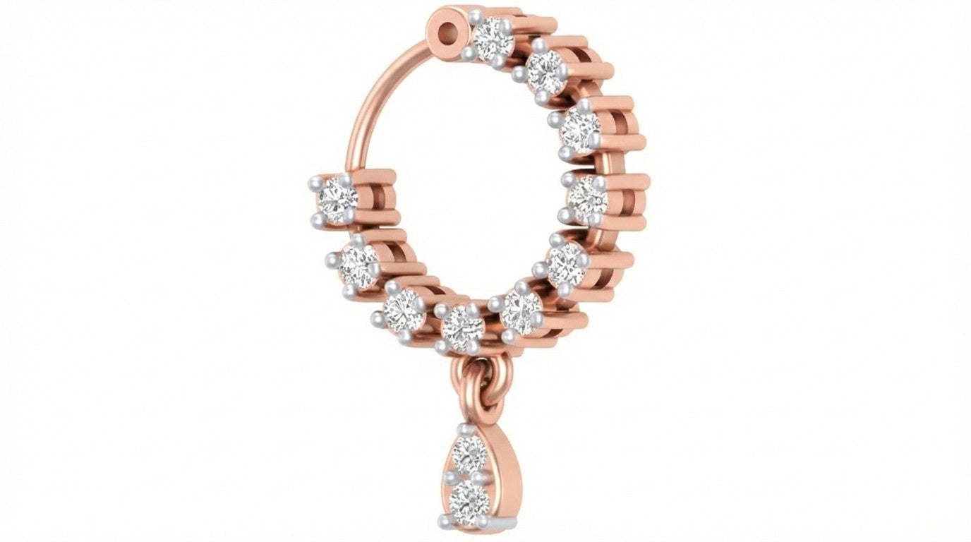 Rose Gold and diamond nose ring with diamonds on a white background