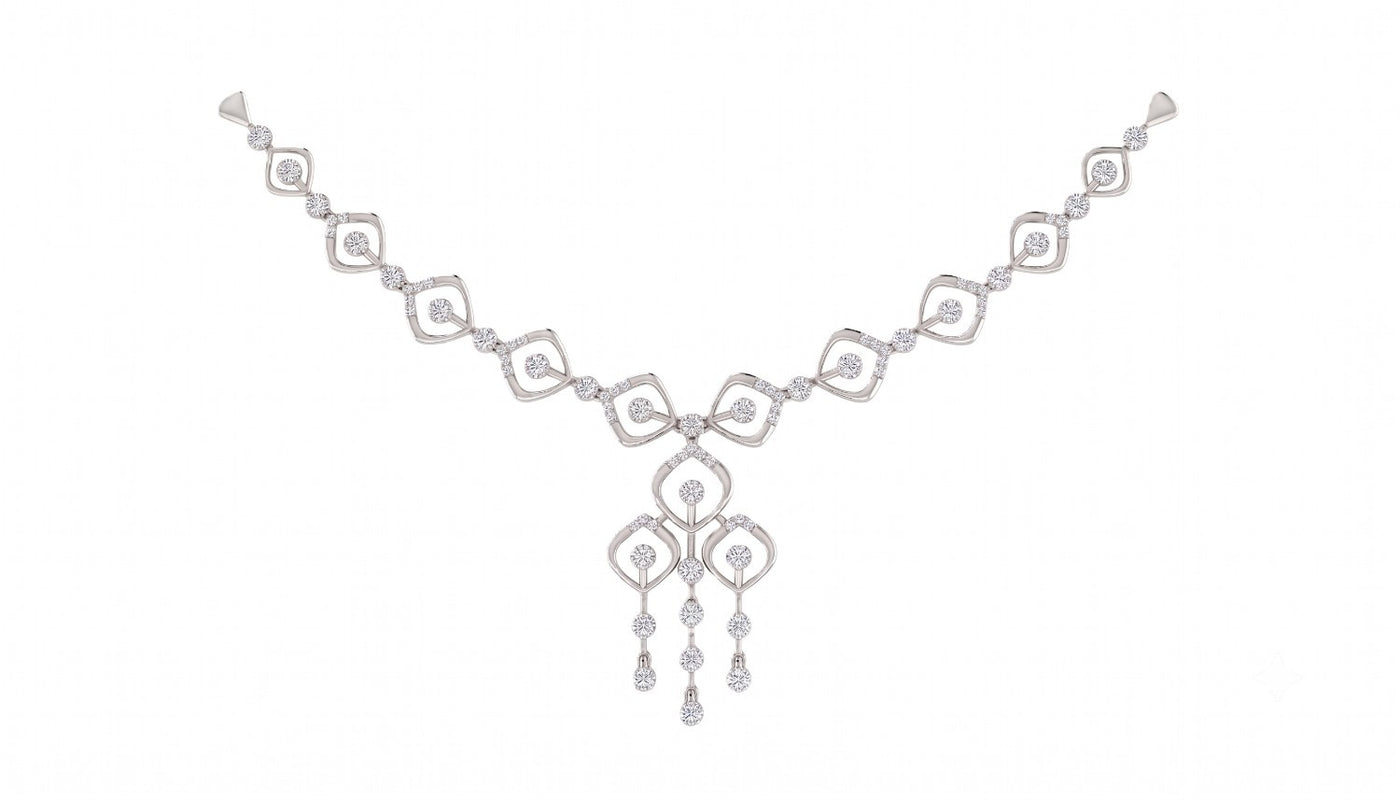 A white gold and diamond necklace with a geometric style design, featuring a central motif and dangling elements, shown on a plain white background.