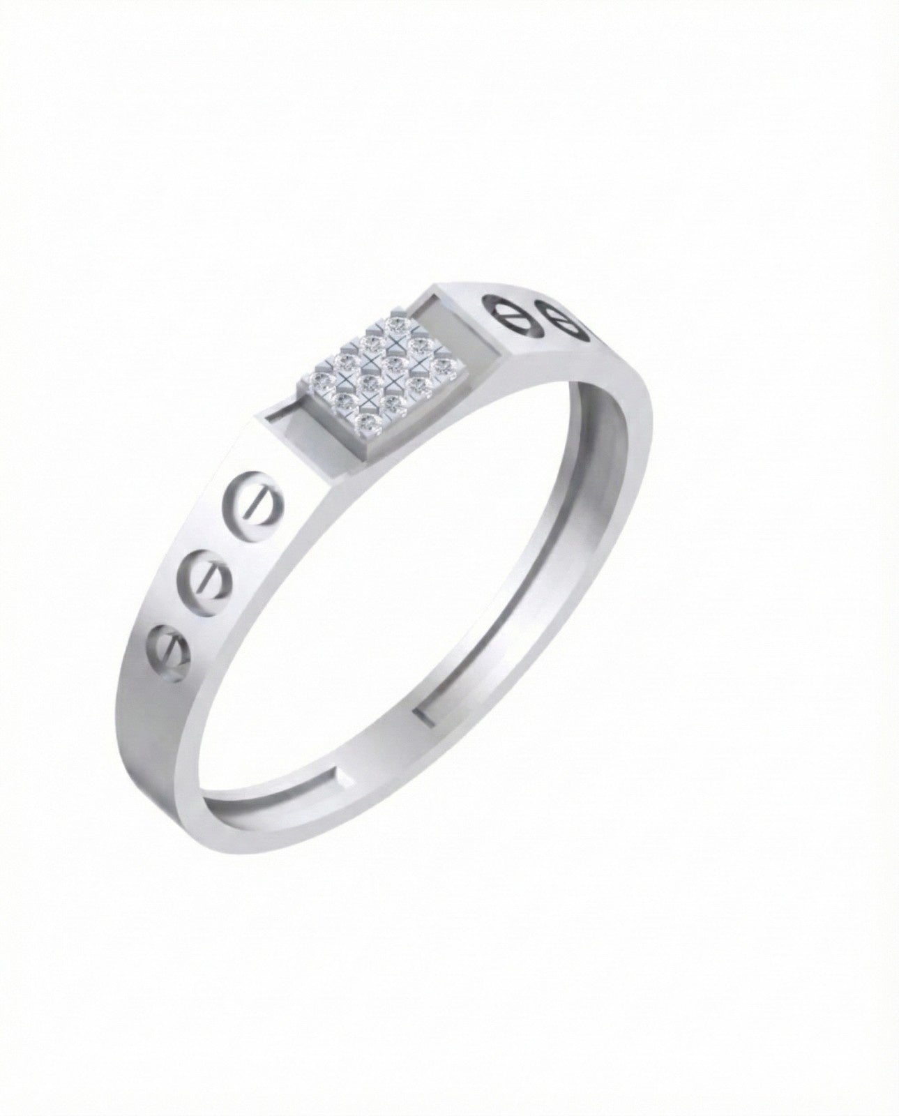 White gold ring with diamond accent on a white background