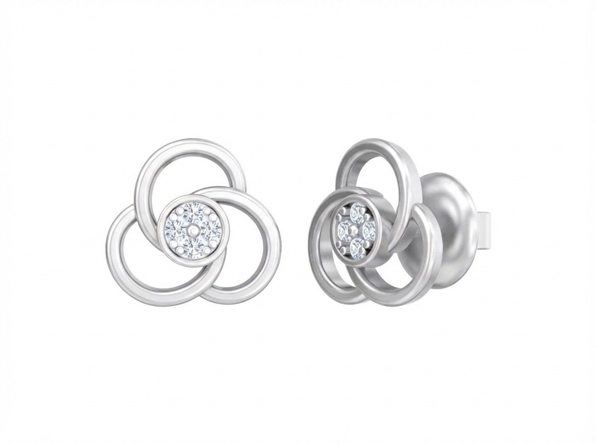 White gold and diamond floral stud on a white background.
