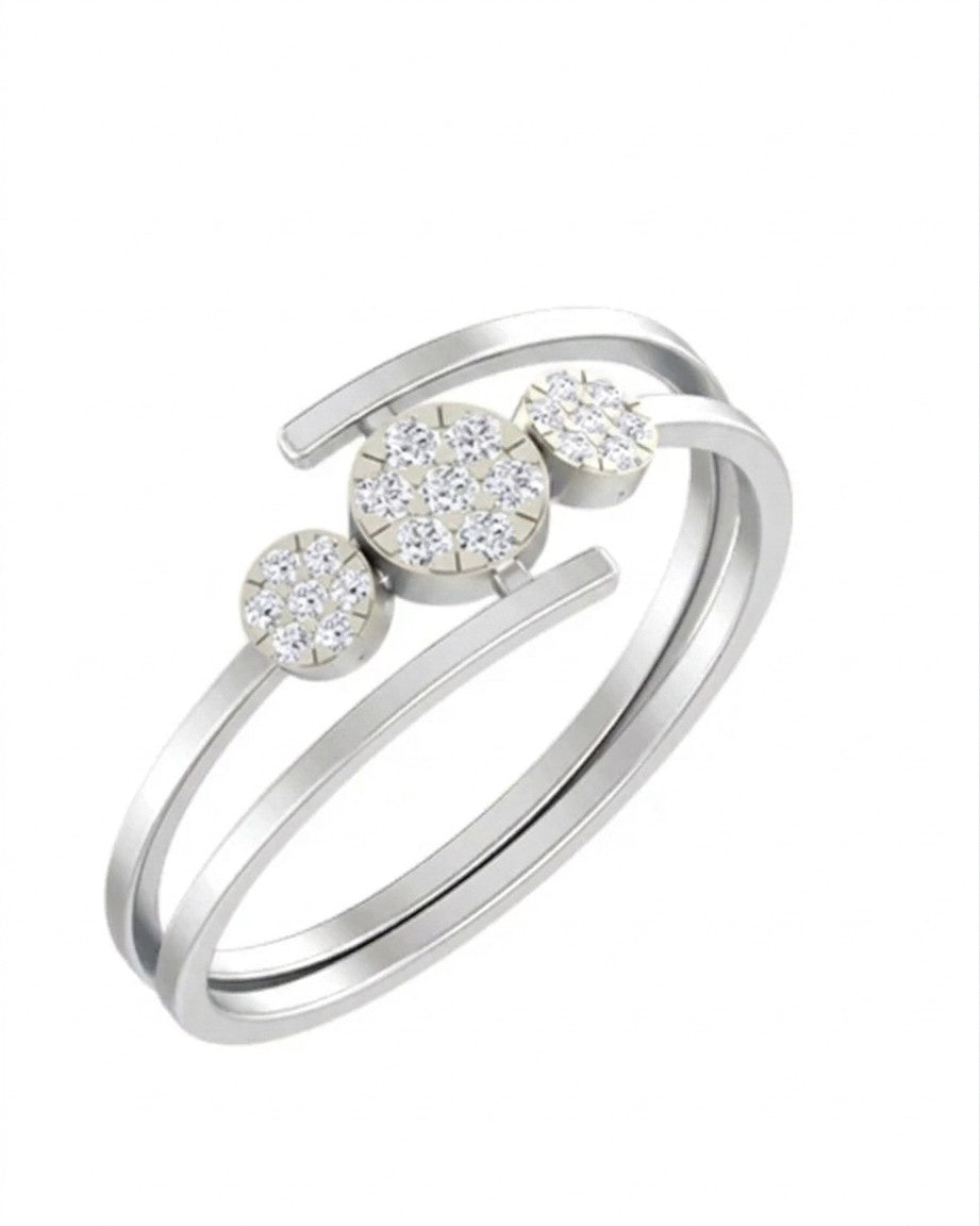 White gold ring with three circular diamond stones on a white background