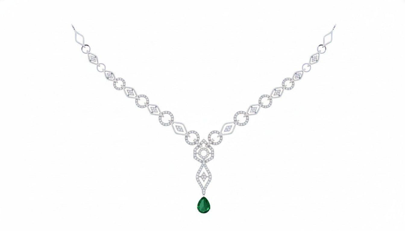 Diamond necklace with a green gemstone on a white background