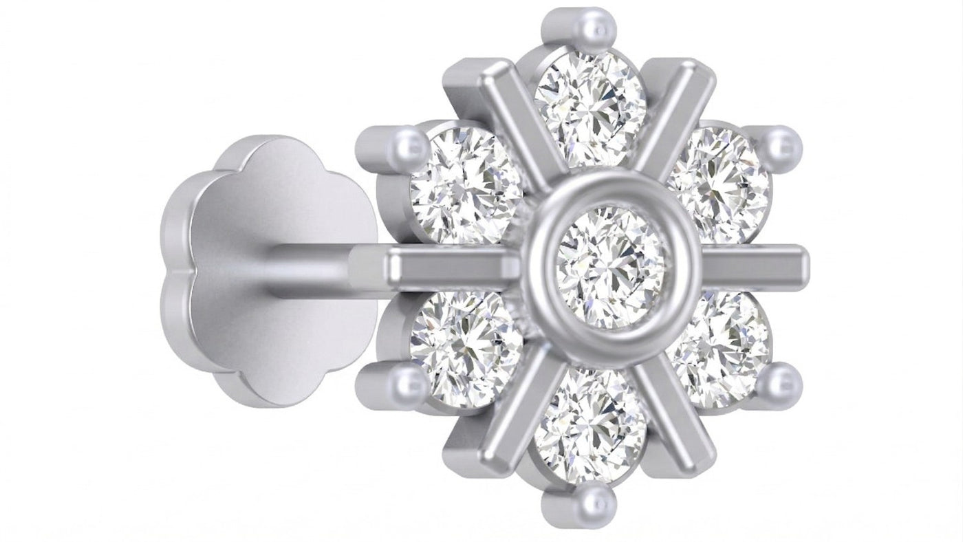 White gold and diamond stud nose pin on a white background