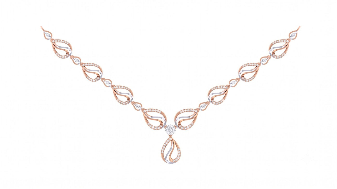 A delicate rose gold and diamond necklace featuring a teardrop-shaped loops, set against a plain white background.
