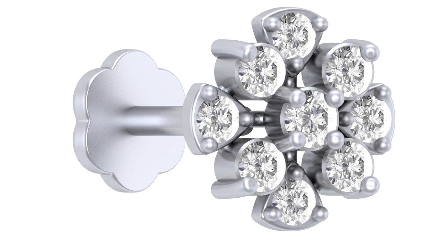 white gold and diamond stud nose pin with small diamonds on a purple white background