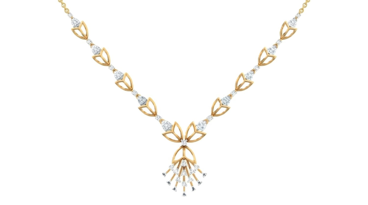 Yellow gold necklace with floral designs and small diamonds on a white background