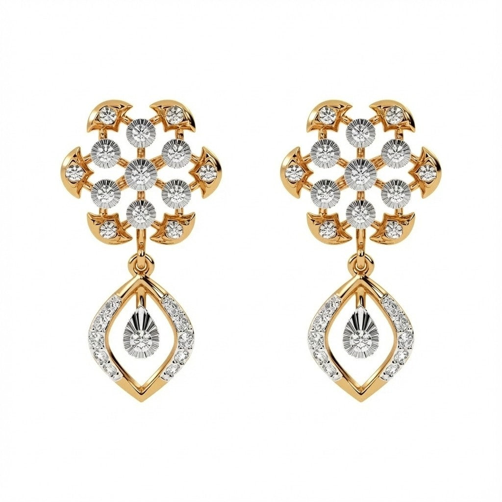 A pair of yellow gold earrings with diamond accents in an elegant floral and teardrop design.