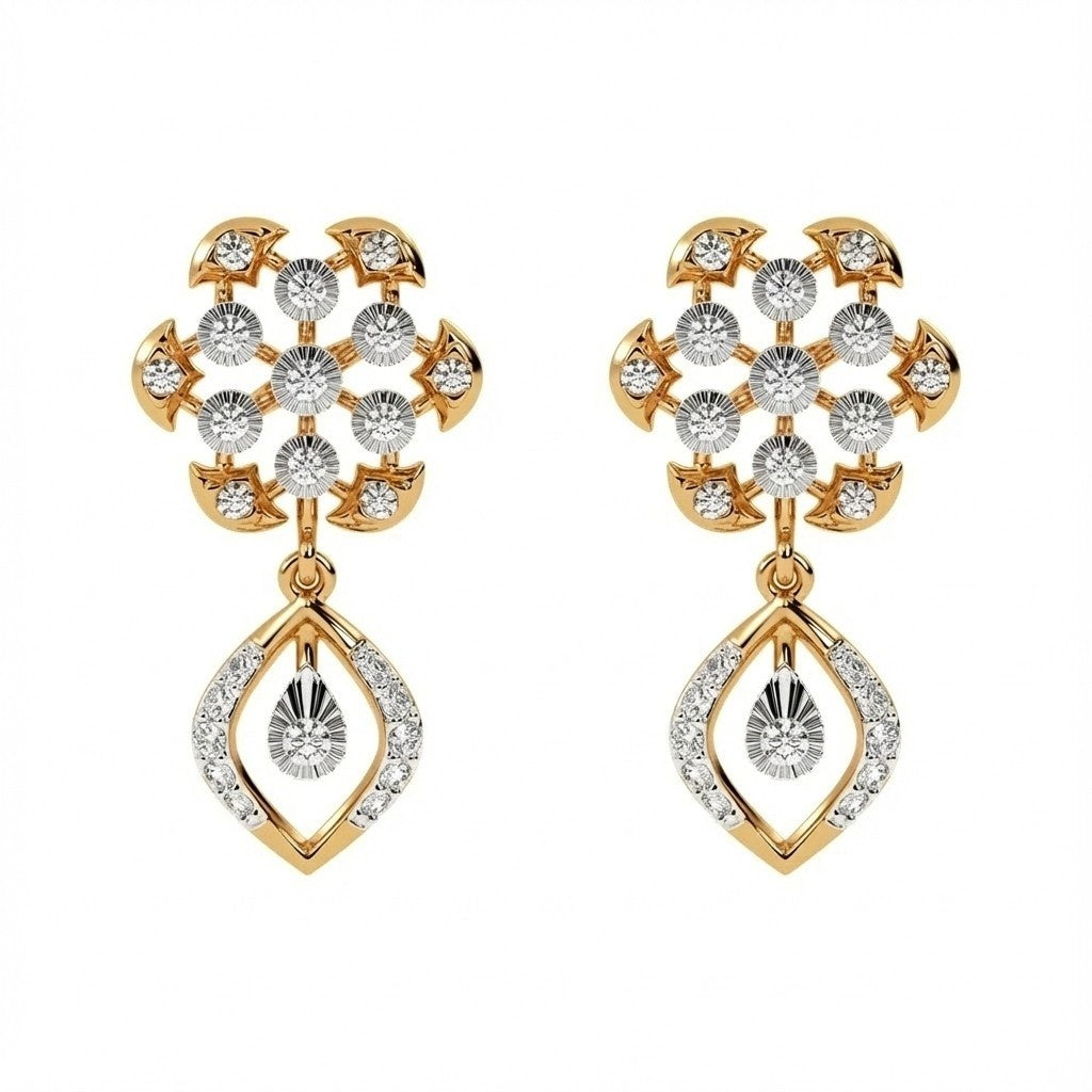 A pair of yellow gold earrings with diamond accents in an elegant floral and teardrop design.