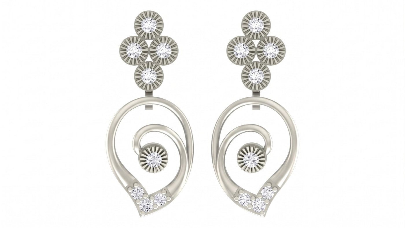 White gold and diamond drop earrings on a white background