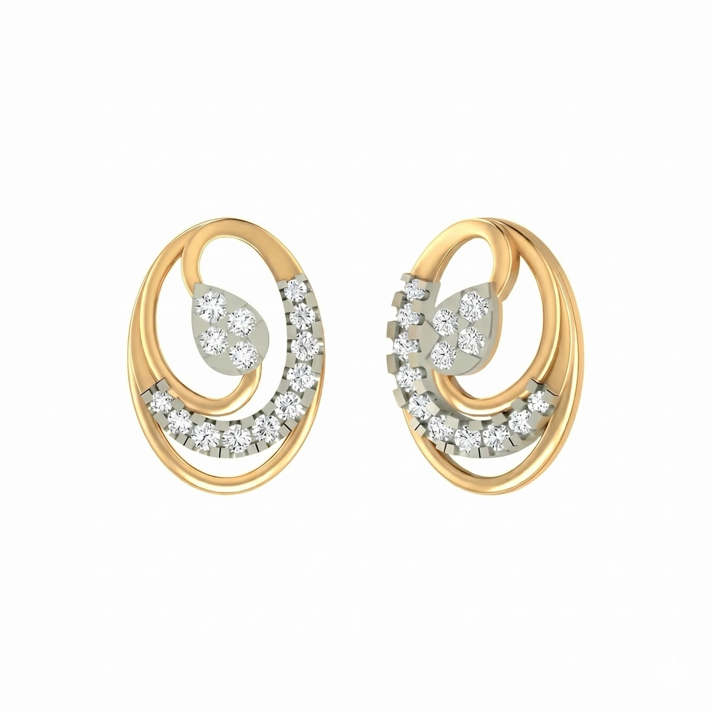 Yellow gold and diamond stud earrings with round-shaped on a white background