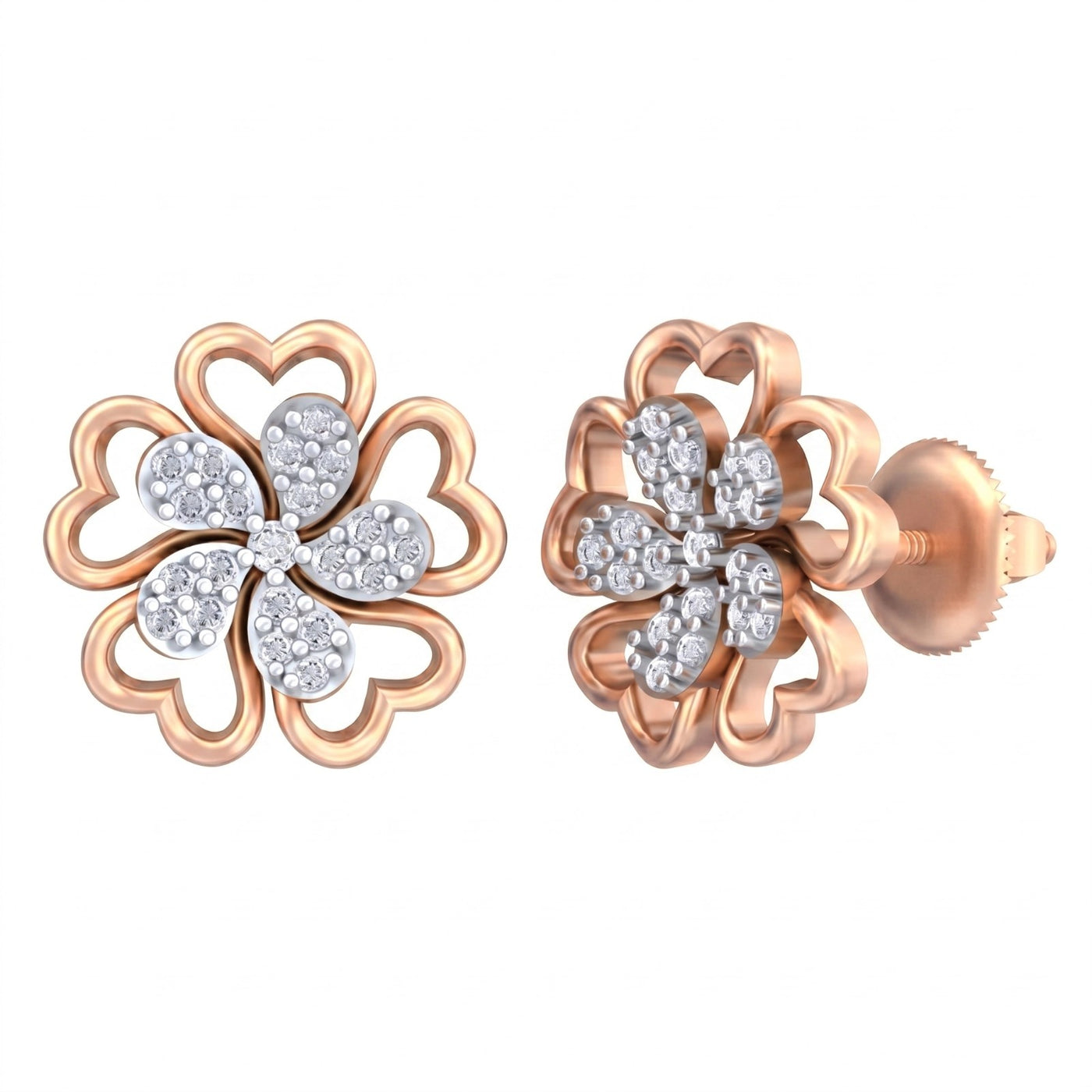 Rose gold and diamond stud earring with floral-shaped on a white background.