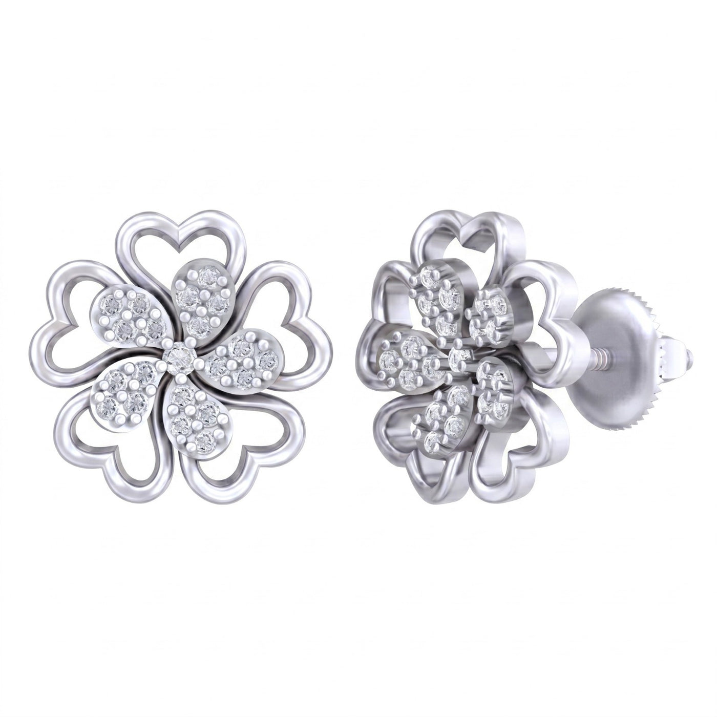 White gold and diamond stud earring with floral-shaped on a white background.