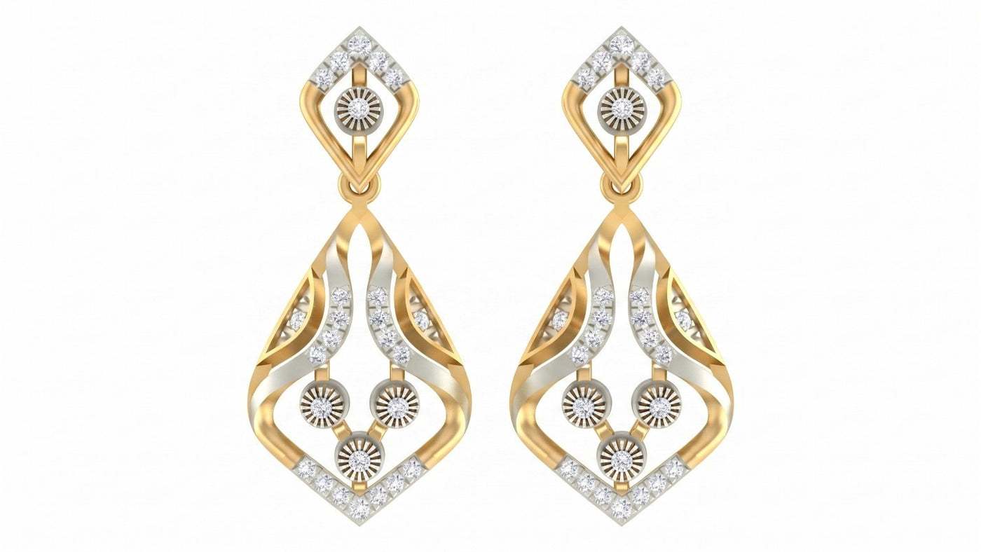 Yellow gold and diamond drop earring on a white background.