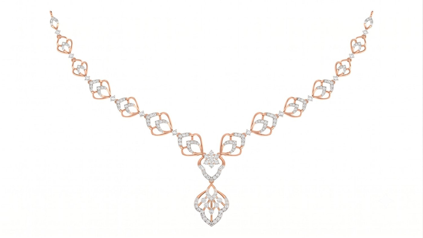 Rose gold and diamond necklace with clear diamonds, featuring a floral design, shown on a plain white background.