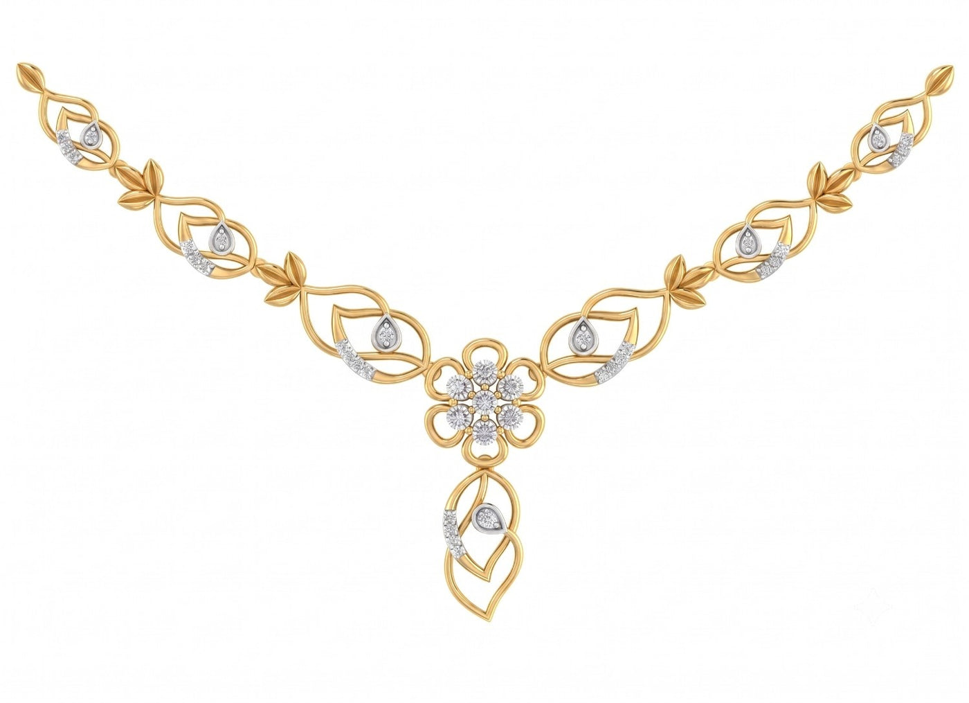 Yellow gold necklace with diamond accents, featuring a central floral motif on a plain white background.