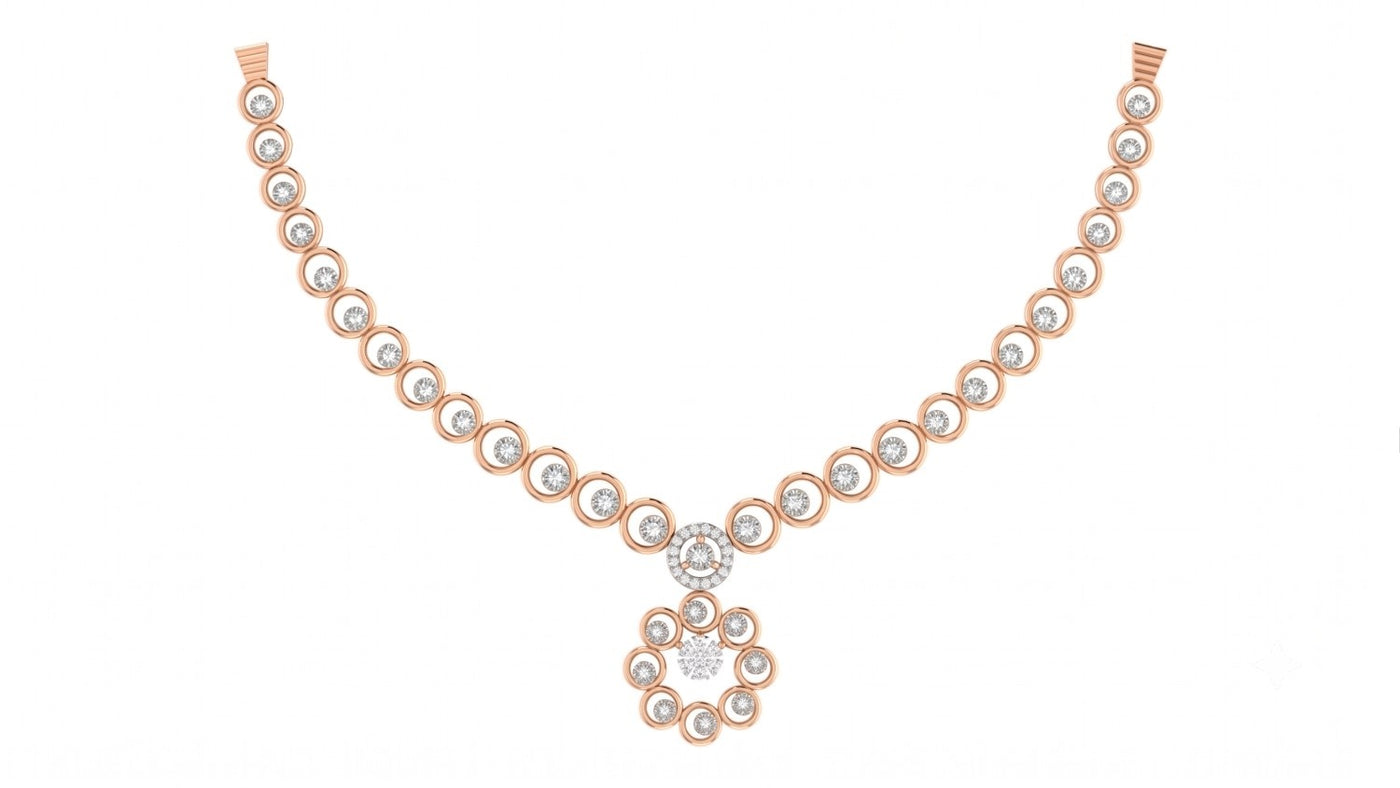 Rose gold and diamond necklace set on a white background.