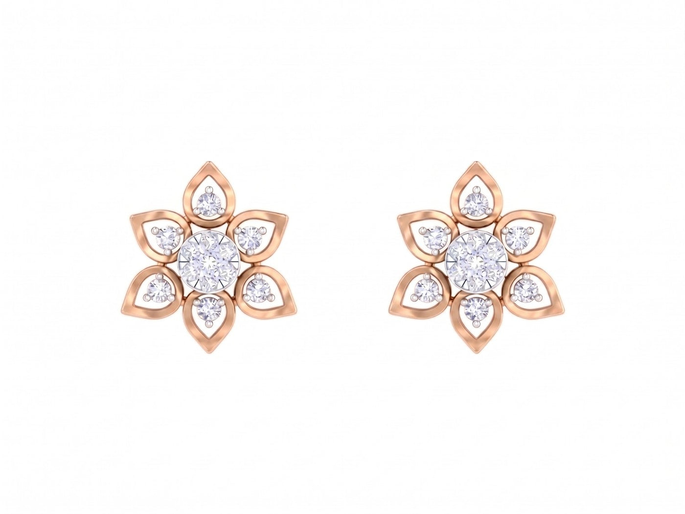 Rose gold and diamond floral stud earrings on a white background
