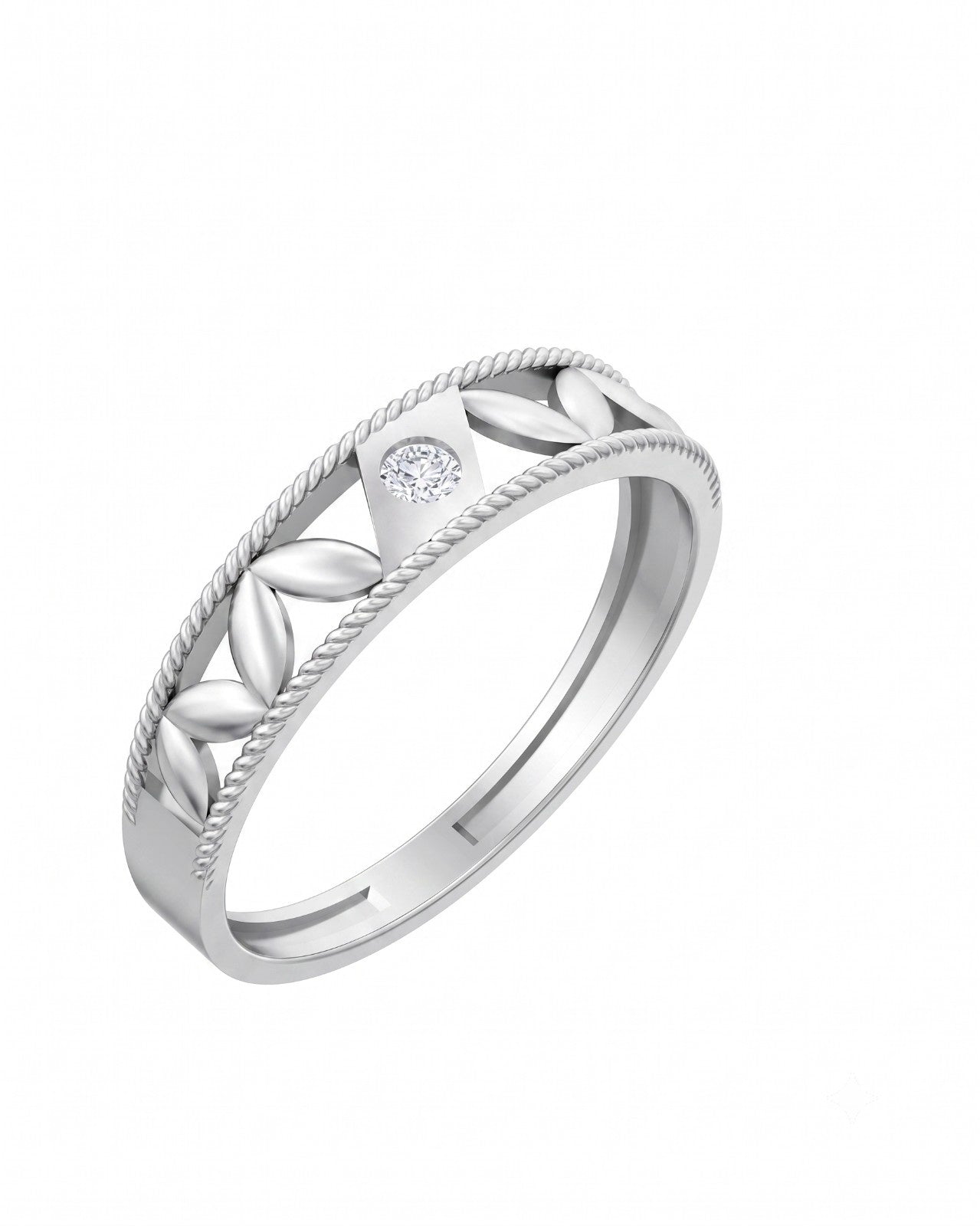 A white gold band ring featuring a decorative leaf pattern and a single round-cut dimaond, shown on a plain white background.