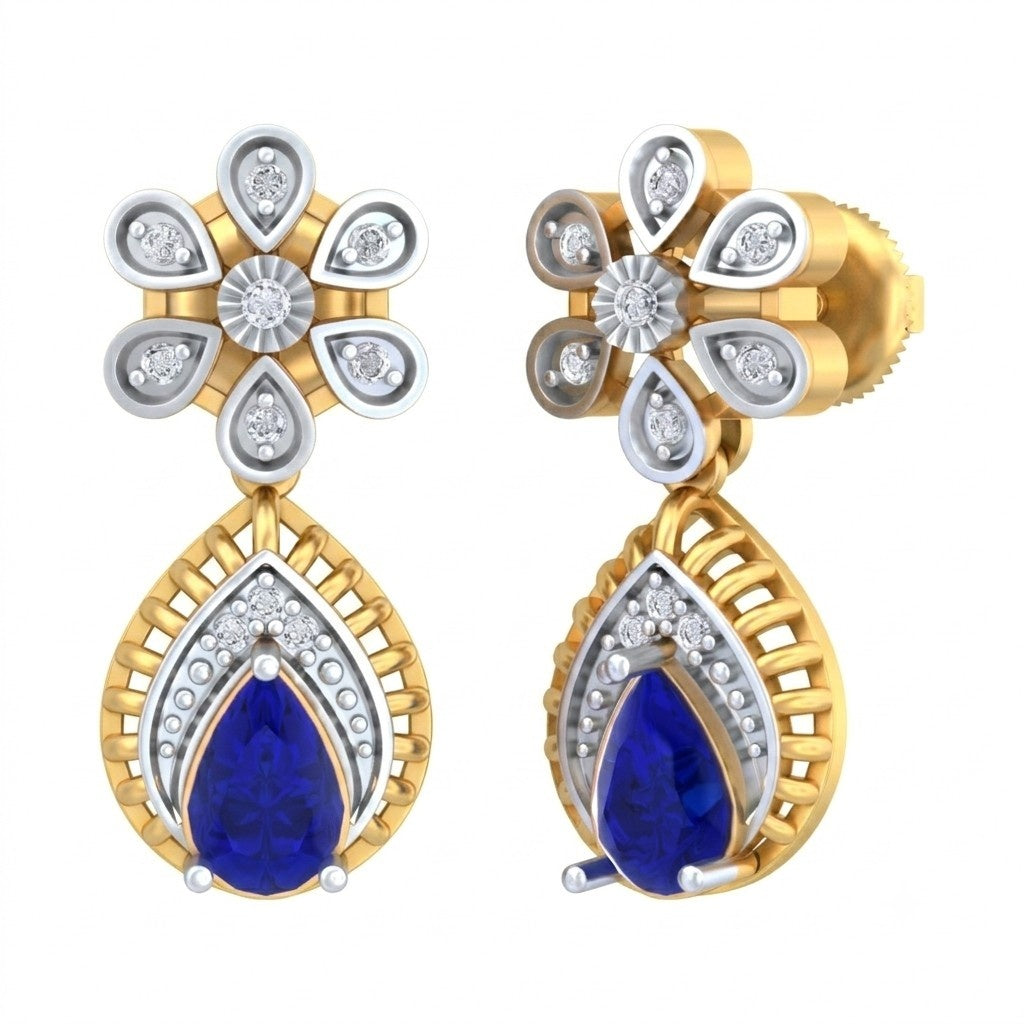 A pair of yellow gold and diamond drop earrings with teardrop-shaped sapphire gemstones on a plain white background.