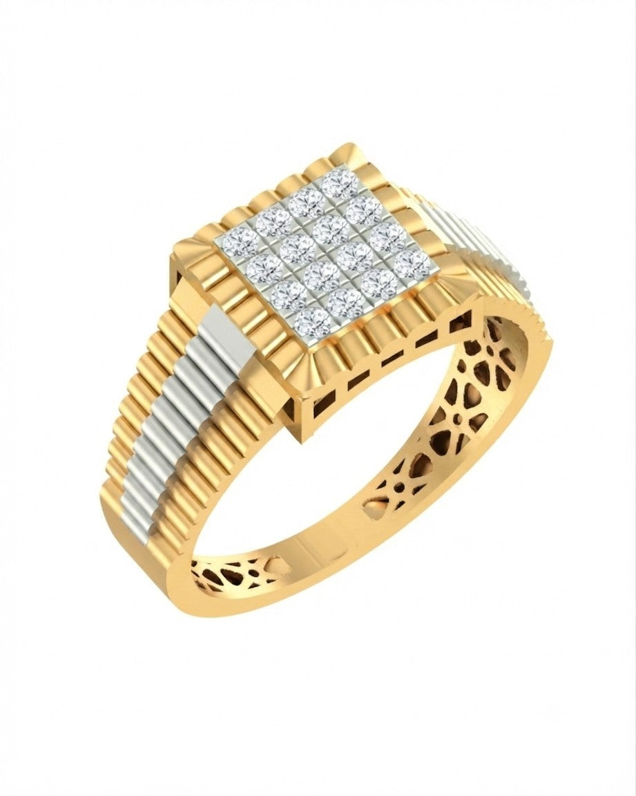 A yellow gold and diamond ring featuring a square diamond cluster on the face, set on a white background.