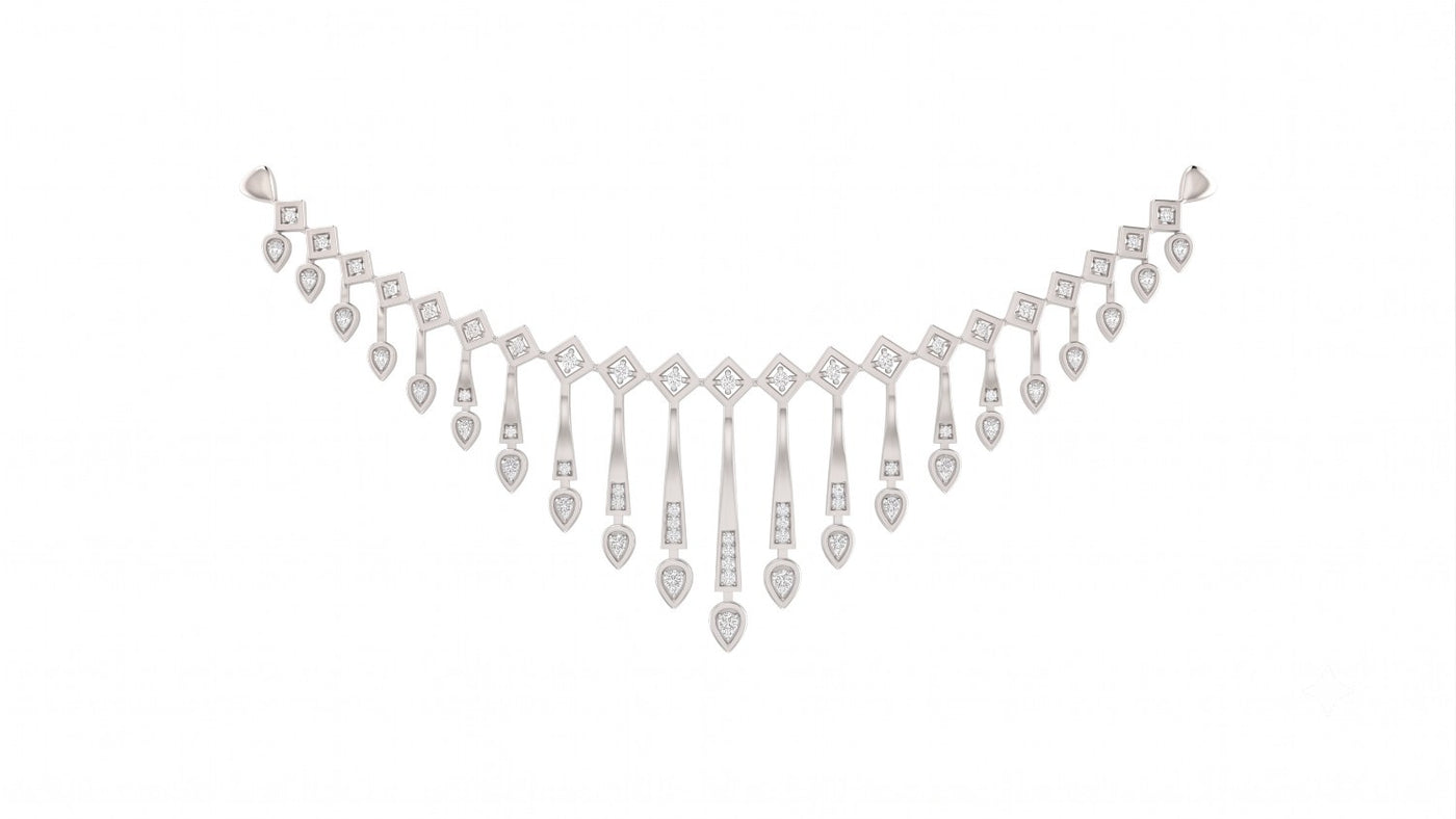 White gold and diamond necklace with teardrop-shaped on a white background.