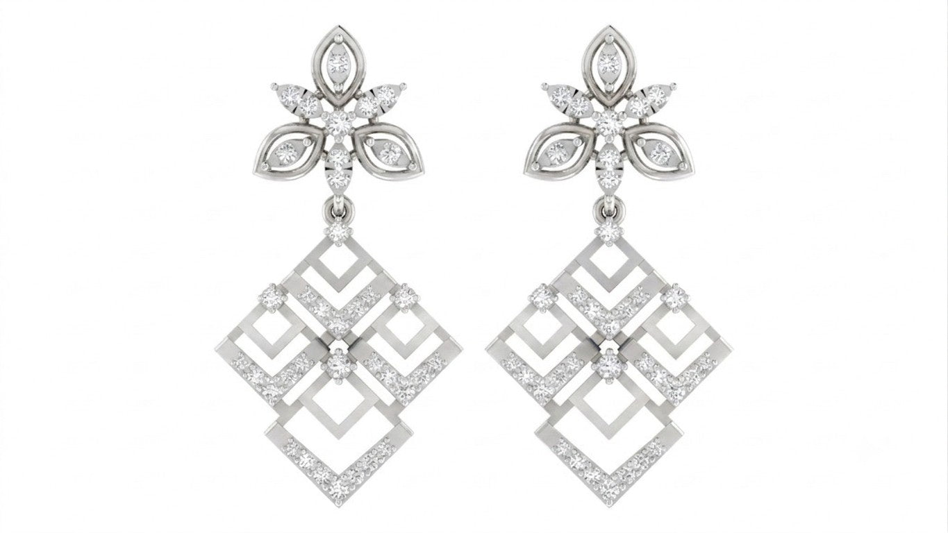 Gold & diamond geometric floral women dangler earrings with openwork diamond design in white gold