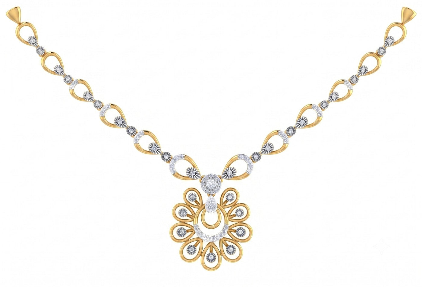 A yellow gold and diamond necklace featuring a central floral, set against a plain white background.