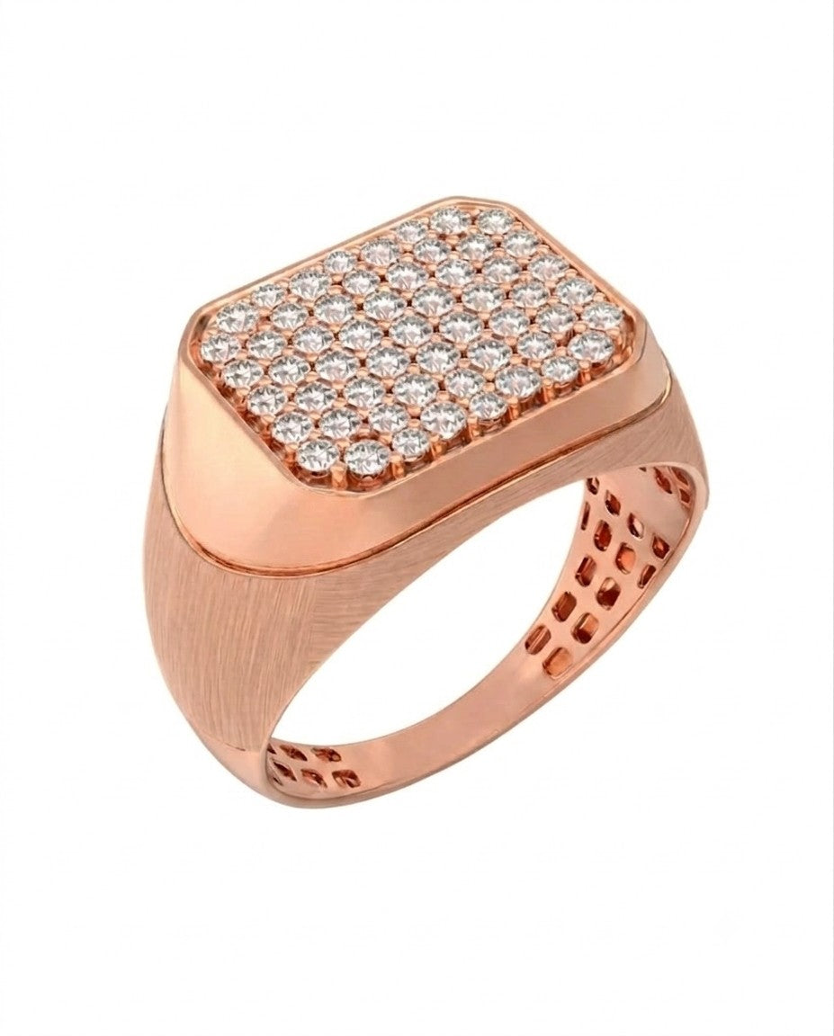 A rose gold signet ring featuring a square face paved, set against a plain white background.