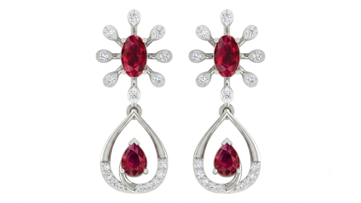 White gold and diamond teardrop-shaped earrings with clear gemstones on a white background