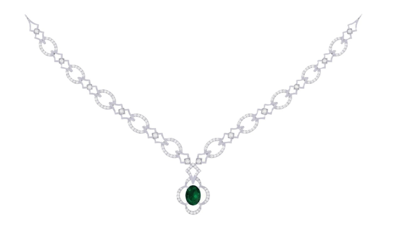 White gold necklace with a green gemstone on a white background