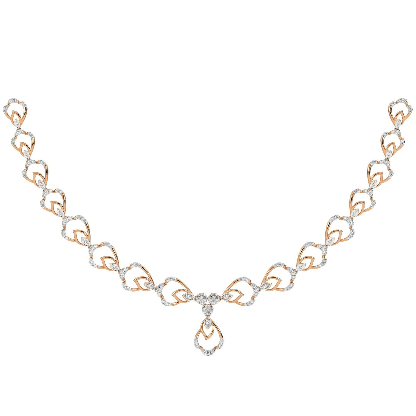 A rose gold and diamond necklace, with a central teardrop-shaped pendant, shown on a plain white background.