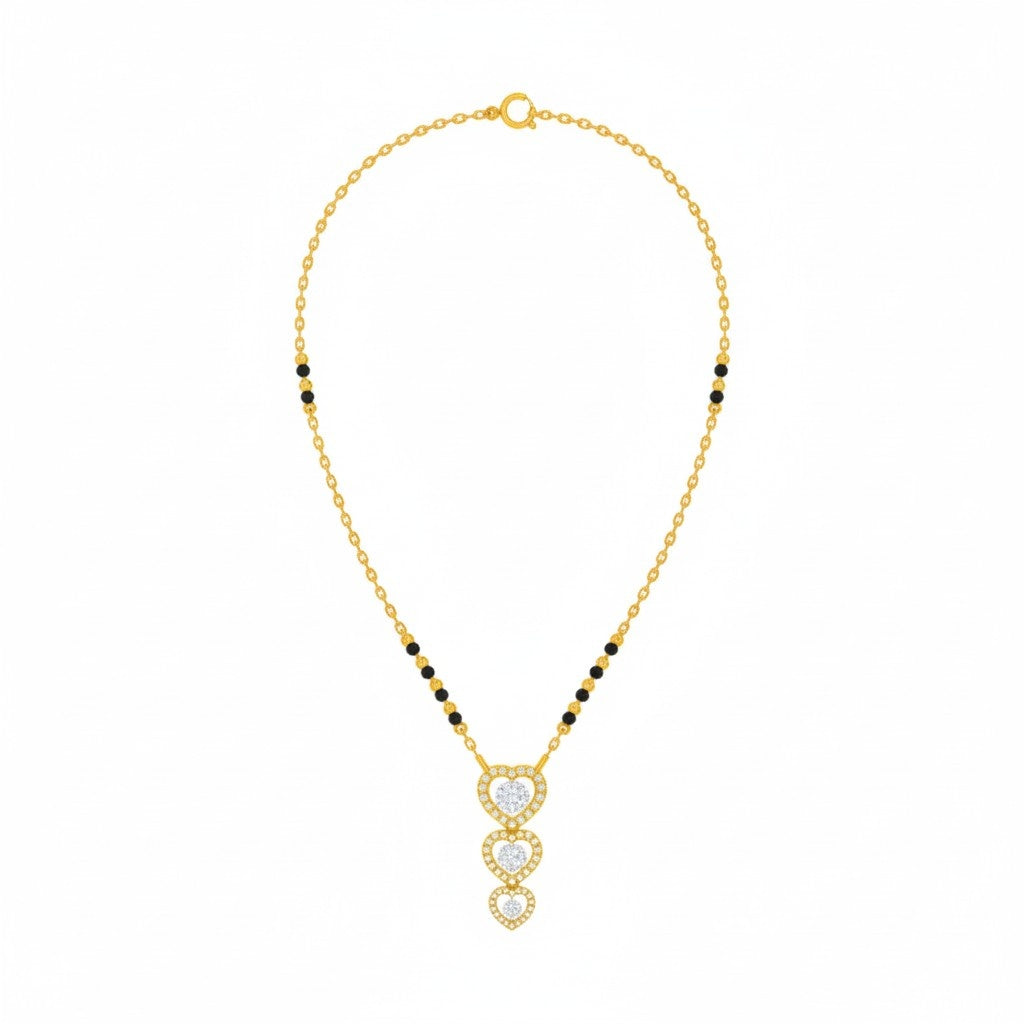 yellow gold mangalsutra with heart-shaped on a white background
