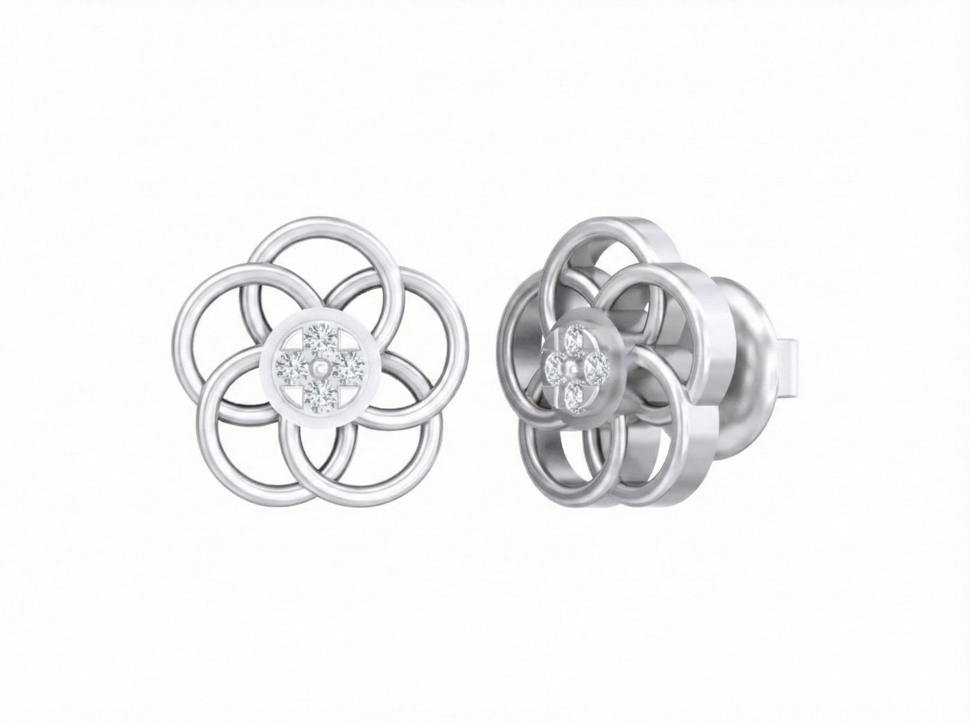 White gold and diamond  floral stud  earrings on a white background