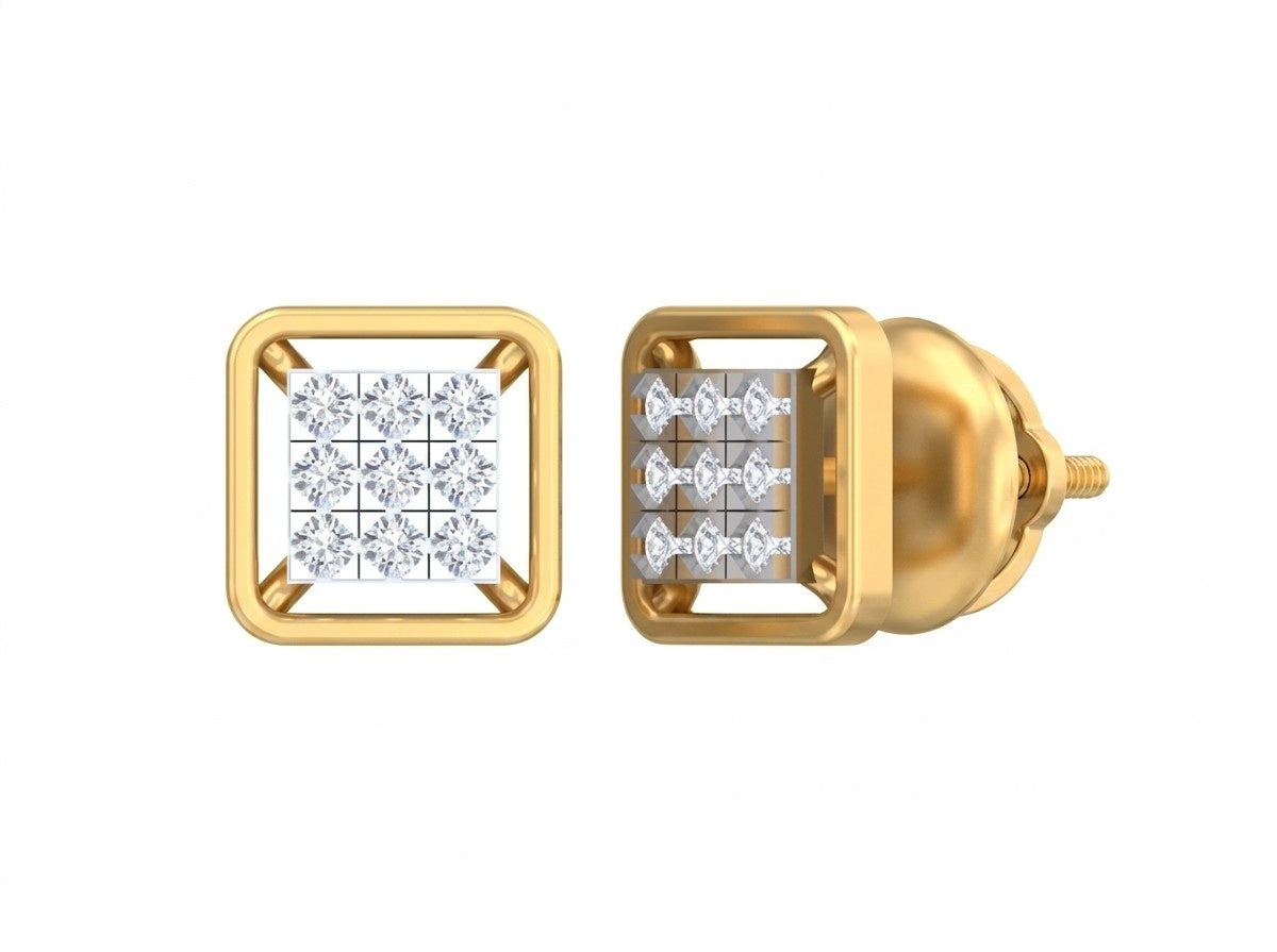 Yellow gold square-shaped stud earrings on a white background.