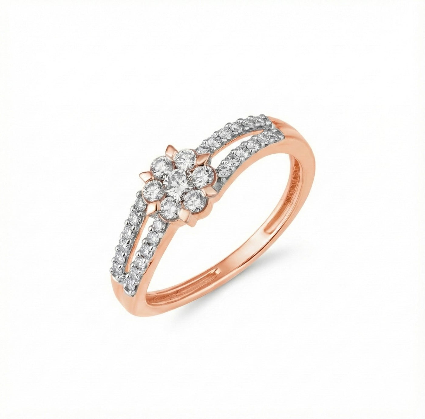 Rose gold ring with diamond accents on a white background