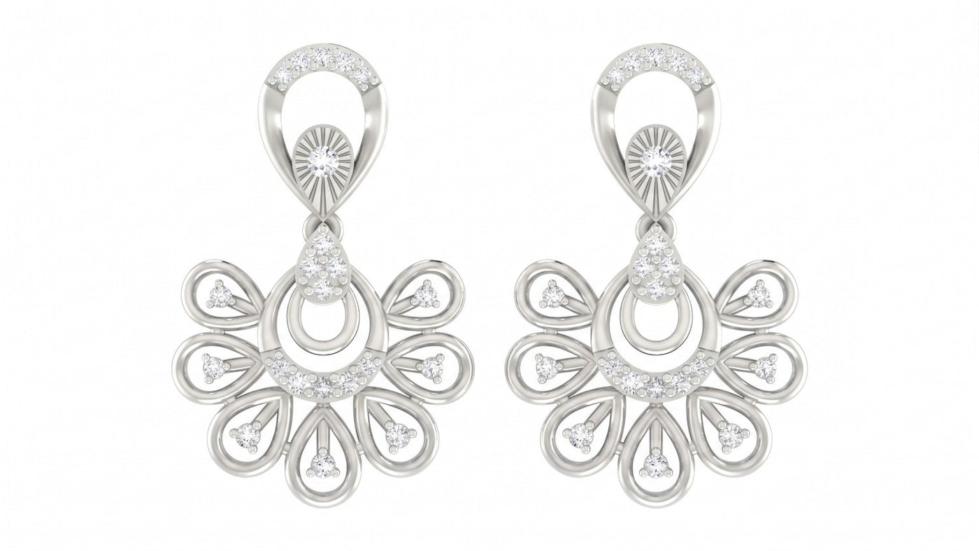 A pair of white gold-toned dangler earrings with intricate floral and circular design