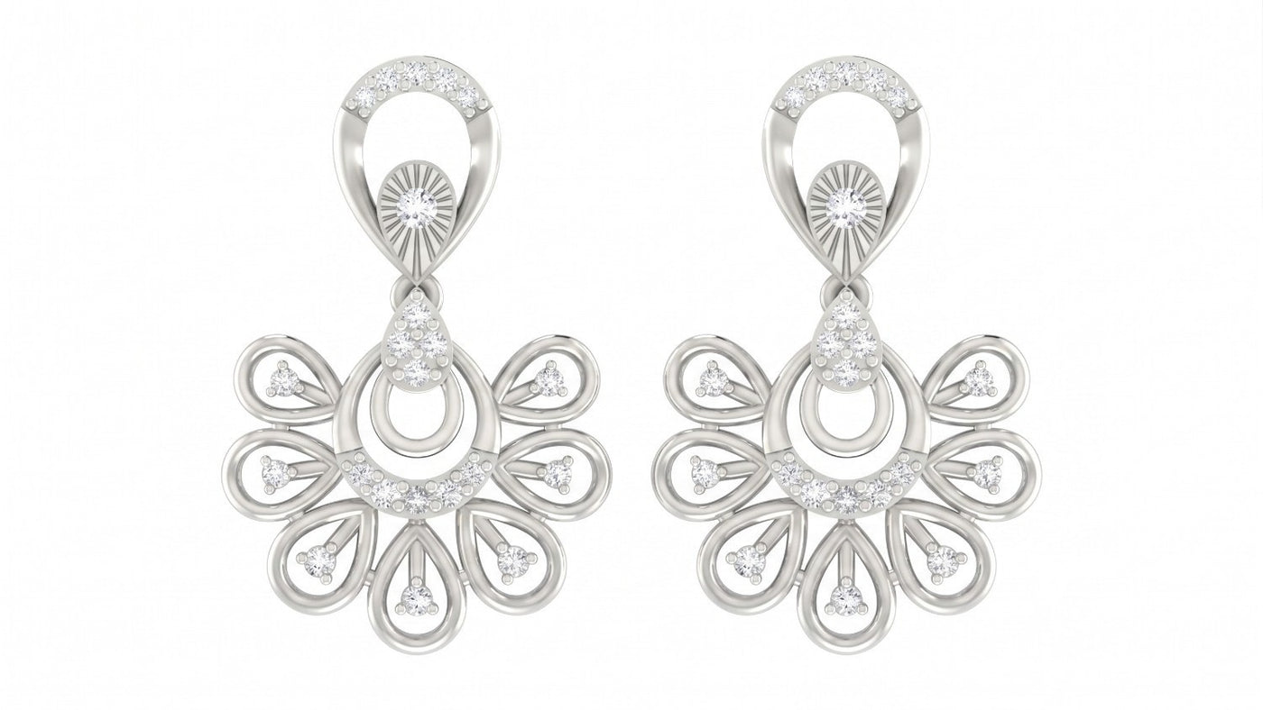 A pair of white gold-toned dangler earrings with intricate floral and circular design