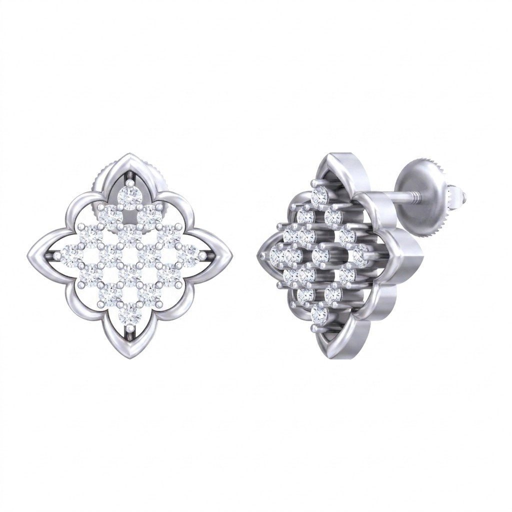 Pair of white gold and diamond stud earring with floral-shaped on a white background