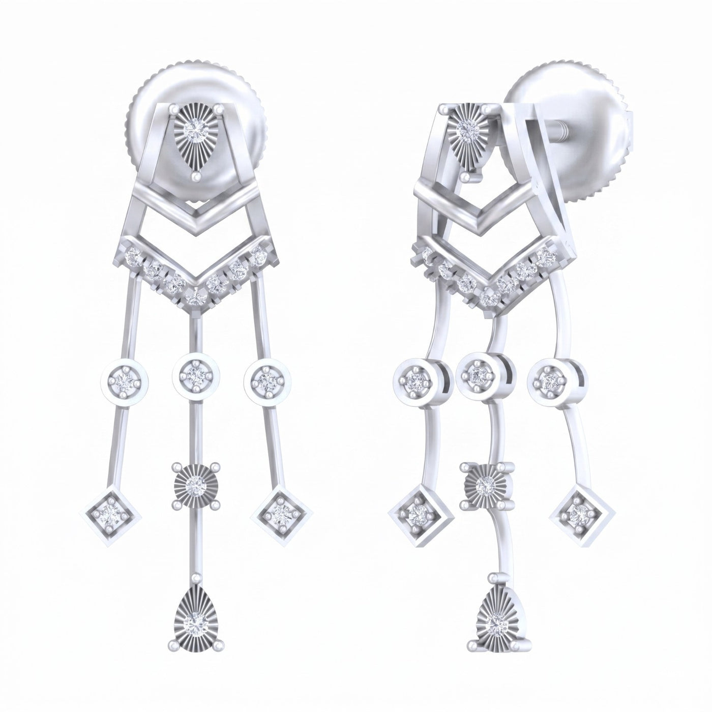 Pair of white gold and diamond earrings with intricate designs on a white background.