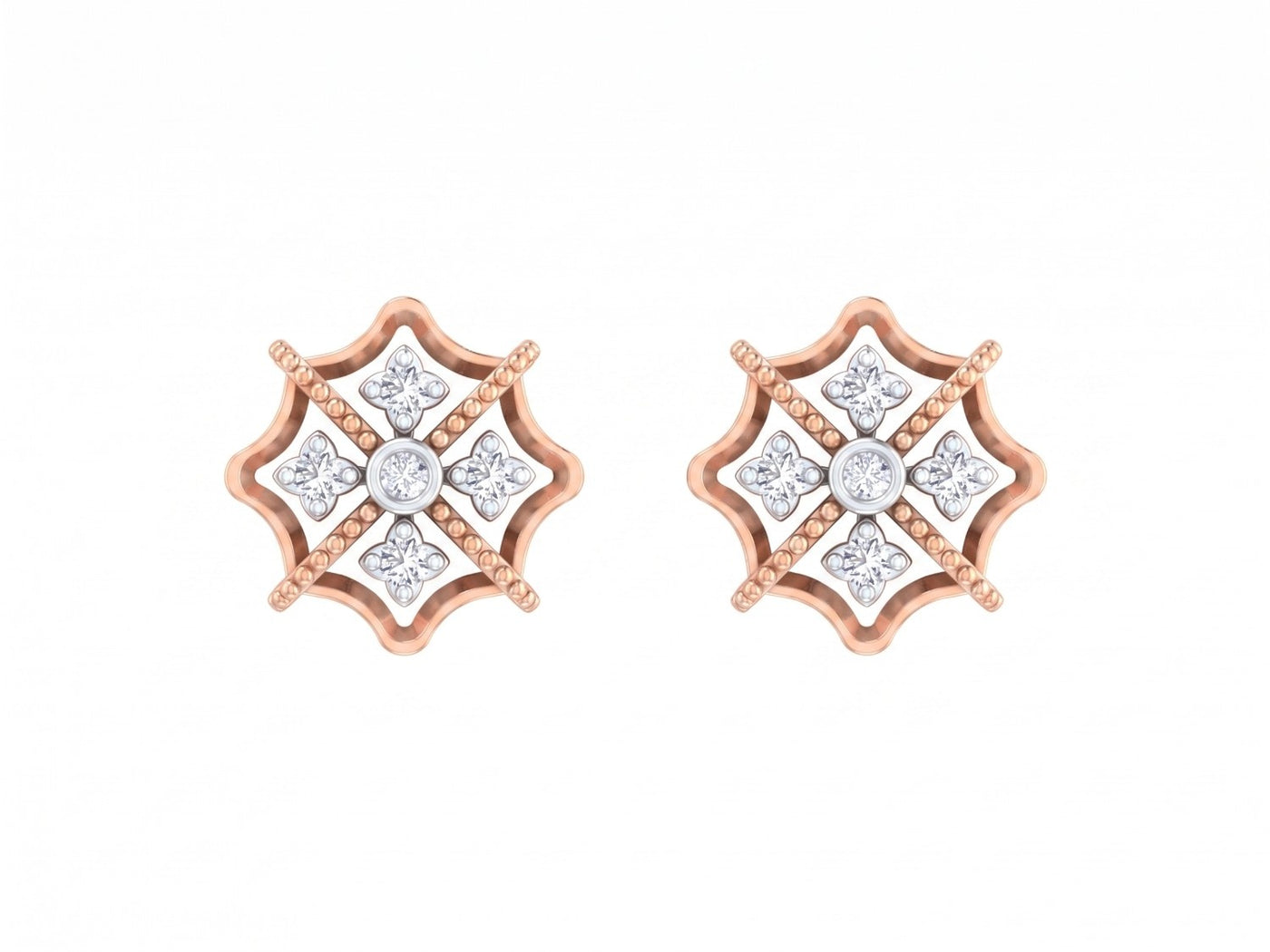 Rose gold and diamond stud earring with floral-design on a white background.