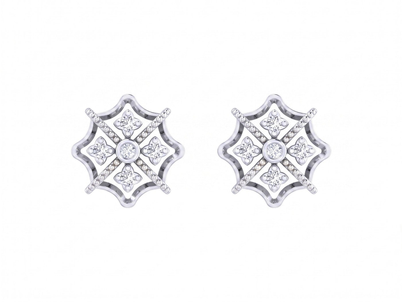 White gold and diamond stud earring with floral-design on a white background.