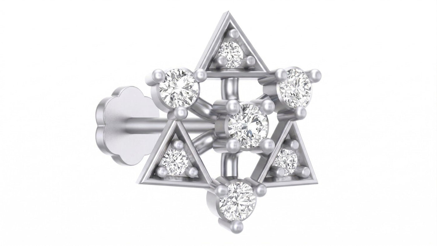White gold and diamond stud nose pin accents on a white background
