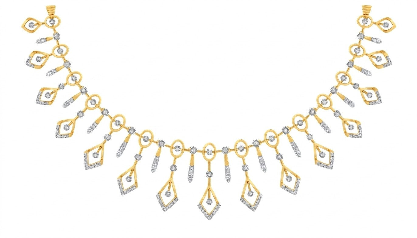 Yellow gold and diamond-toned  necklace with geometric motifs, displayed on a plain white background.