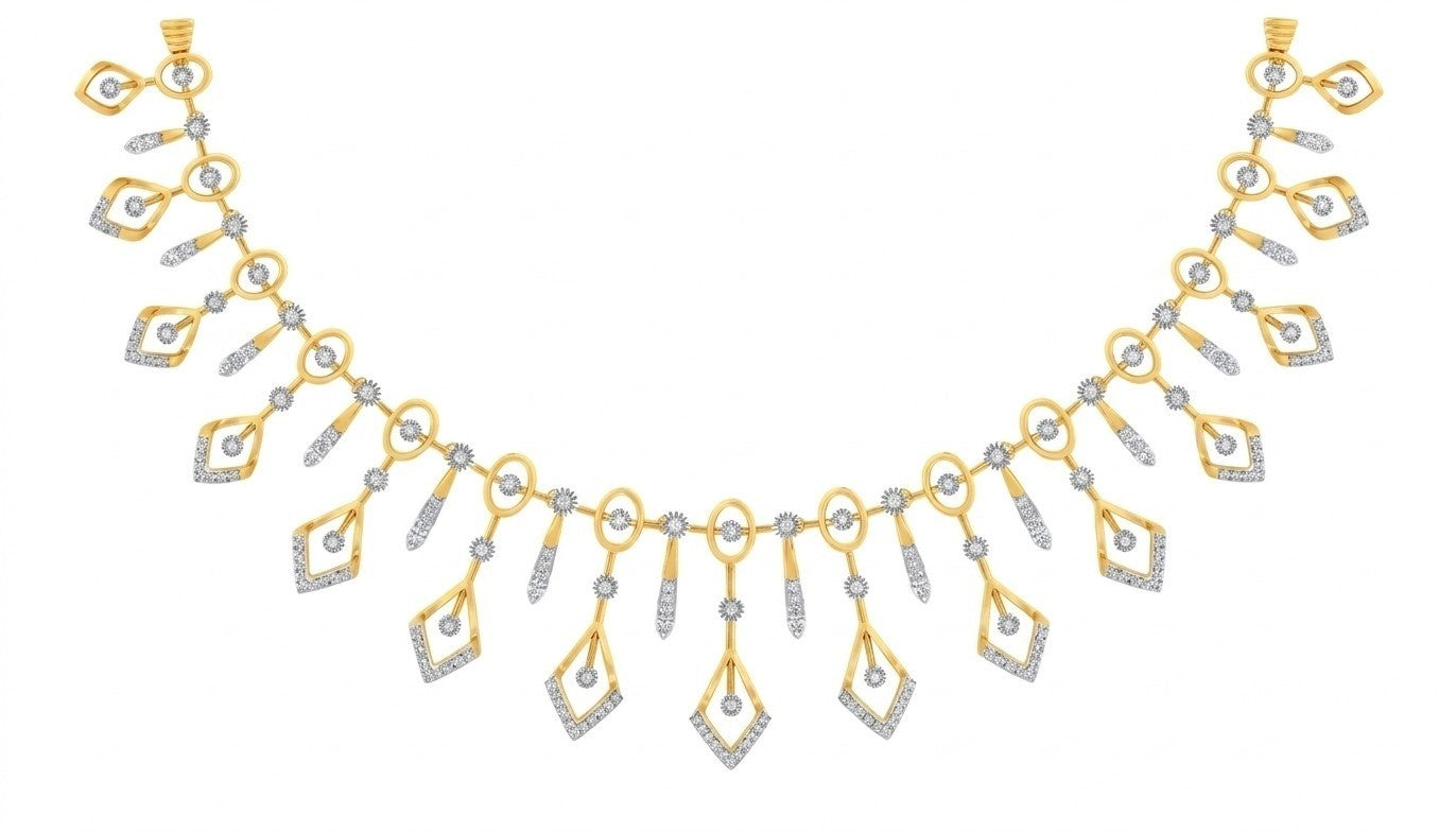Yellow gold and diamond necklace with geometric designs, displayed on a solid white background.