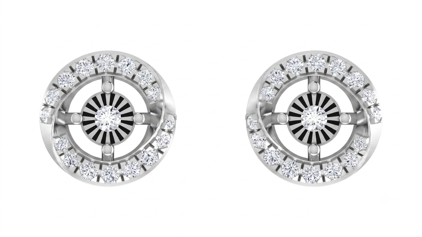 Pair of white gold earrings with diamond accents on a white background